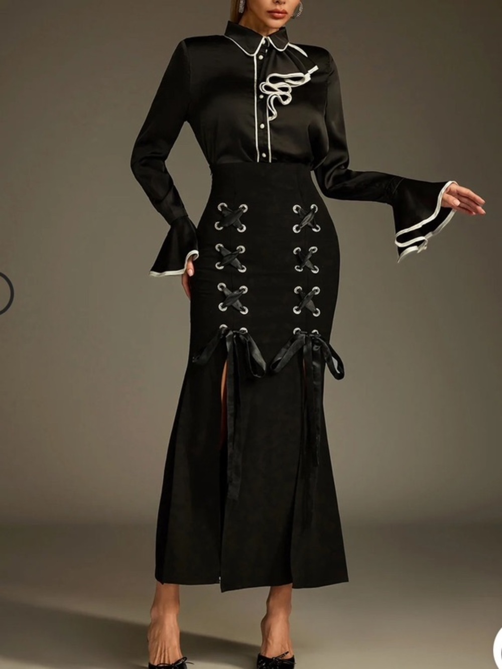 Mew Mews Ludwig flare sleeve lace up skirt set size M black